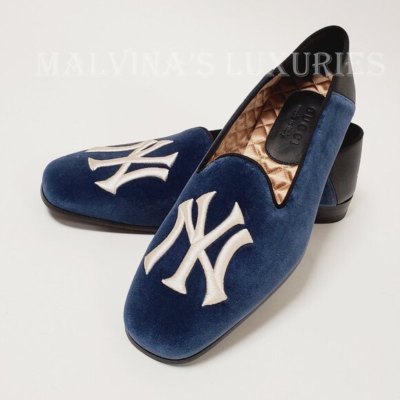 GUCCI SHOES MENS NY YANKEES INSIGNIA BLUE VELVET LOAFERS - Picture 3 of 14